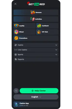 Bet on Red navigatiemenu slots live sport